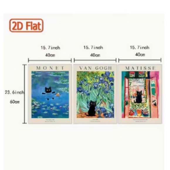 Set of 3 Black Cat Unframed Art Prints - Monet, Matisse, Van Gogh - Picture 11 of 11